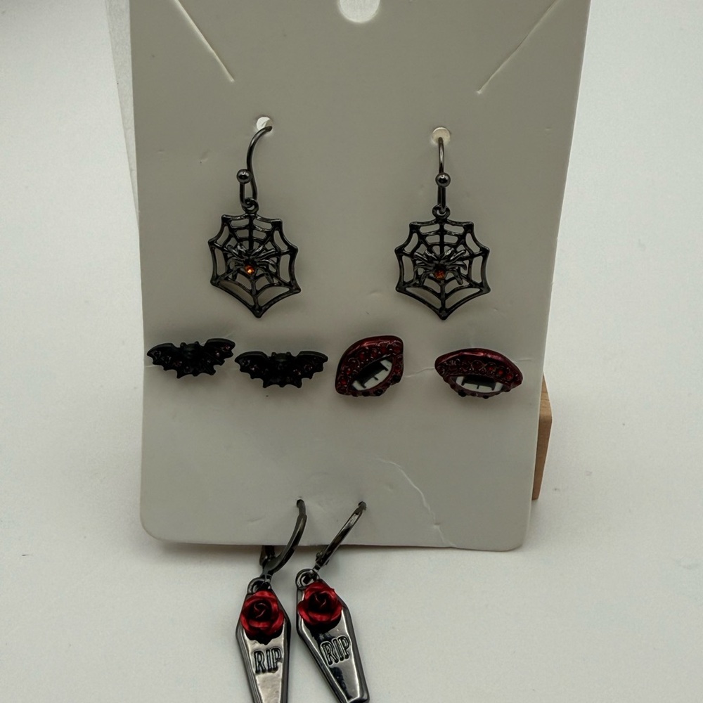 Halloween Earring Set Spider Web Bat Vampire Coffin Gothic Jewelry Lot